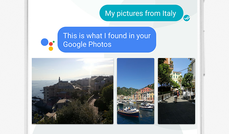 Skjermbilde fra Google Allo som henter feriebilder fra Italia